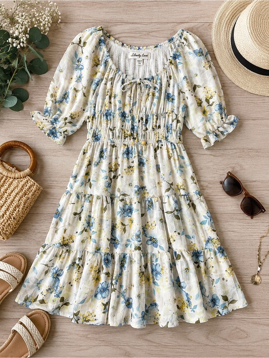 liberty Dresses & Skirts - liberty Blue and Cream Floral Tiered Midi Dress